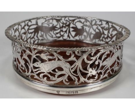 Edward VII sterling silver wine bottle coaster London 1902, maker Charles Stuart Harris, pierced hunting scene decoration, wo