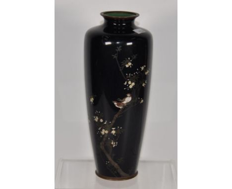 Vintage Japanese cloisonne vase bird and blossom decorated on black ground. (Height 24cm approx).