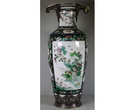 Large Chinese Qing famille verte vase with 19th century French silver mounts and base. Panel to one side decorated with crane