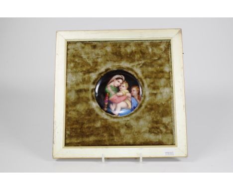 Mother &amp; children portrait  miniature framed circular portrait miniature on ceramic, (diameter 8cm approx).