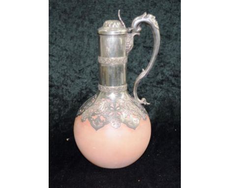 Victorian Wedgwood ceramic claret jug with silver plate lid and handle, and pierced silver plated decoration to body. Marked 