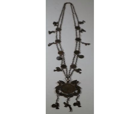 Vintage Mexican coin necklace with ornate animal charm drops, length  48cm approx