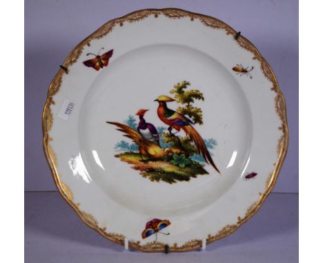 Vintage Meissen ceramic bowl hand painted bird and butterfly decoration, marked to base, (diameter 24cm approx).