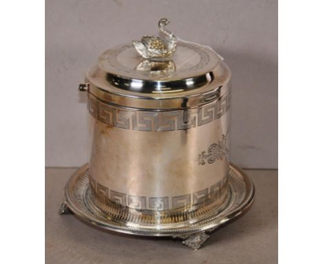 Vintage silver plate biscuit barrel engraved decoration, with swan figure finial to lid, attached under- plate. (Height 22cm 