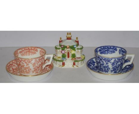 Coalport 'Keeper's Cottage' ceramic model house (height 9cm approx);  together with pair Mintons cups and saucers, including 