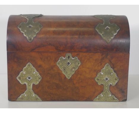 Late Victorian burr walnut tea caddy decorated with brass strap work, 22.5cm wide, 15cm high approx