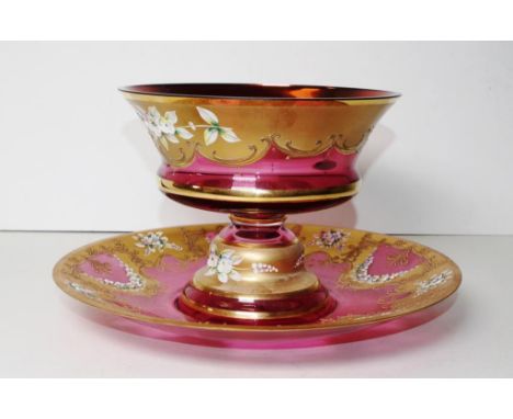 Vintage Italian hand painted glass comport hand painted blossoms and gilt decoration on ruby glass centrepiece bowl with foot