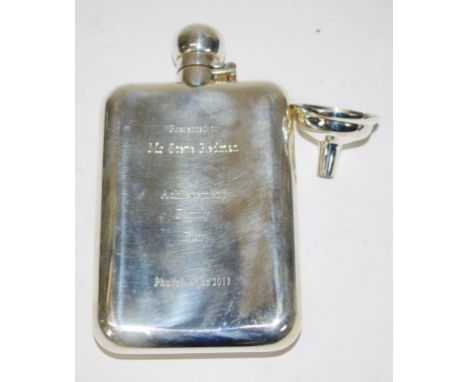 Sterling silver hip flask and funnel hallmarked Sheffield 1987, maker: R. Carr Ltd, presentation inscription on back, in orig