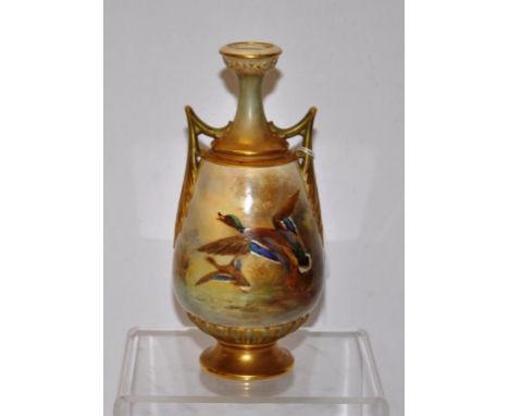 Royal Worcester porcelain twin handled vase with mallards in flight, signed Jas. Stinton, 20.5cm high approx.