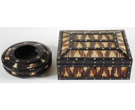 Vintage Ceylon porcupine quill lidded box bone decorated wood box, with interior decoration marked ' Matara,'  (length 21cm a