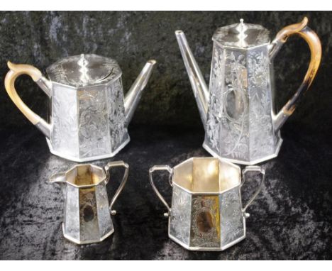 Good vintage four piece tea &amp; coffee service silver plate coffee pot, teapot, sugar bowl, and milk jug, marked for WH &am