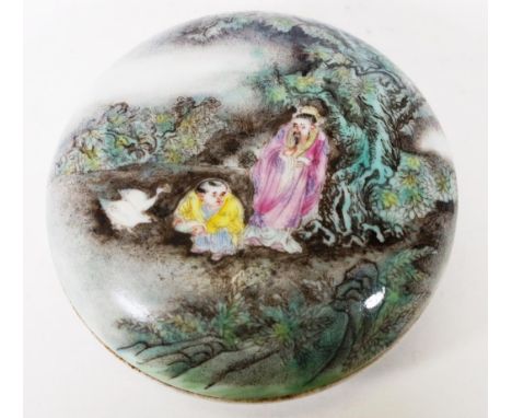 Hand painted Chinese ceramic lidded paste bowl hand painted decoration to lid of figures in a garden, character mark to base.