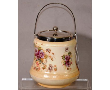 Edwardian Fielding ceramic biscuit barrel floral decorated, silver plate lid and handle, marked to base. (Height 15cm approx,