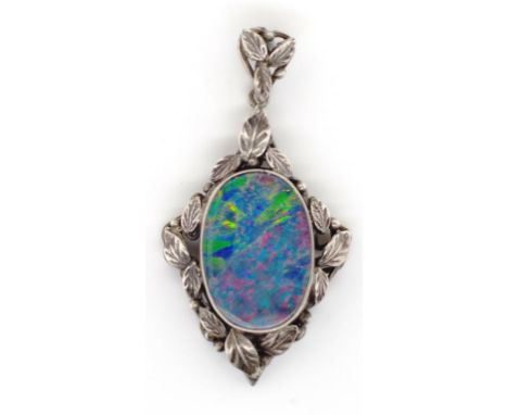 Art &amp; crafts silver and opal triplet pendant attributed to Rhoda Wager. With a leaf &amp; berry surround. The opal and ap