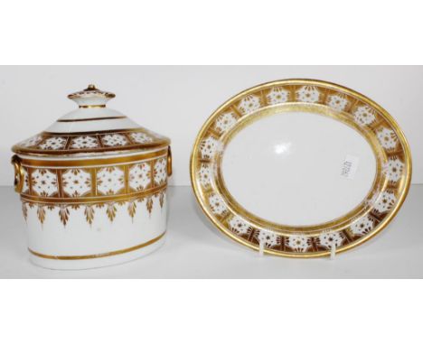 Antique English ceramic sugar box gilt decoration to lid and bowl, (height 14cm approx); together with a matching oval teapot