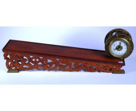 Vintage drum form clock &amp; stand brass clock with applied decoration to side, (untested), on carved and fitted wood stand.