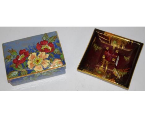 Vintage Royal Doulton ceramic cigarette box floral decorated, marked to base, (length 12.5cm approx); together with a Carlton