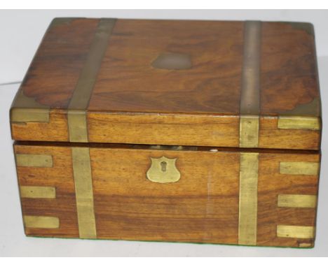 Vintage cedar brass bound writing slope fitted interior, (height 15cm, width 30cm approx).