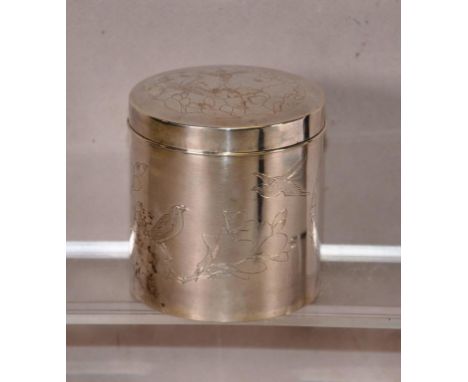 Chinese silver lidded tea caddy engraved bird and character decoration, character marks to base. (Height 8cm approx. Weight 9