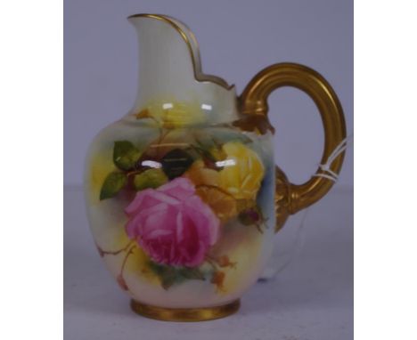 Edwardian Royal Worcester hand painted cream jug rose decorated, marked to base and # 1094, circa 1905, (height 11cm approx).