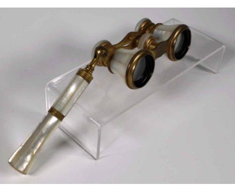 Vintage pair Mother of Pearl cased opera glasses gilded decoration, with Mother of Pearl cased handle.