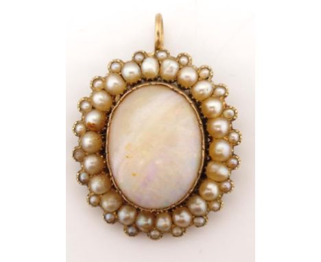 Antique white opal, pearl and gold pendant unmarked probably originally a clasp. Approx total weight 6 grams weight, 16.2mm x