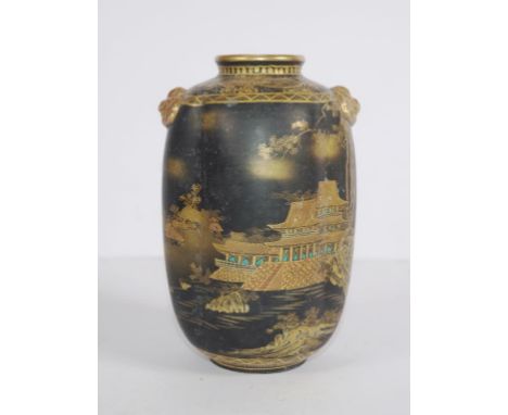 Japanese Satsuma ceramic vase gilt decoration of a shrine and garden on black ground, red character mark to base. (Height 16c