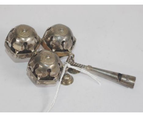 Vintage Chinese baby's metal rattle comprising three balls, with bells, and attached whistle.