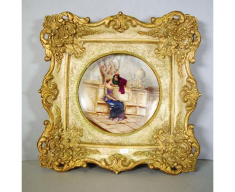 Framed vintage Austrian ceramic bowl hand painted classical scene of Courting Couple in a Garden. Bowl framed for wall hangin