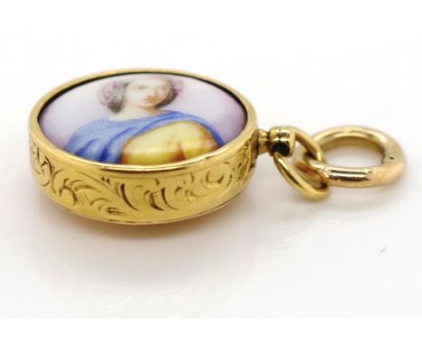 Enamel portrait and gold pendant with hand engraved scroll work borders unmarked. depicting a poised women. Approx 13mm diame