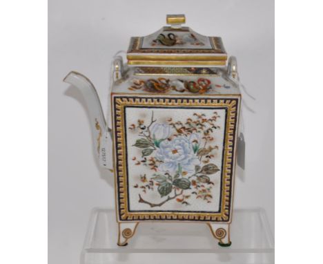 Good  Japanese ceramic teapot elaborately decorated with blossoms and figures, quad-footed. (Height 22cm approx).