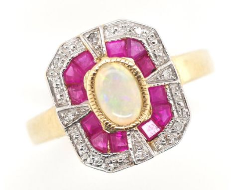 Opal, ruby and diamond ring set in 9ct yellow gold art deco style ring. Marked 375. Approx weight 3 grams, ring size M-N