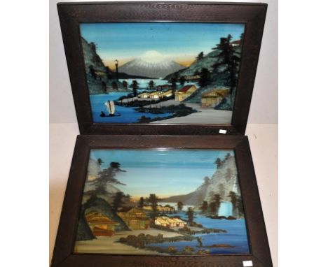 Pair vintage Japanese reverse paintings on glass each with vintage frames, depicting traditional Japanese scenes, including o