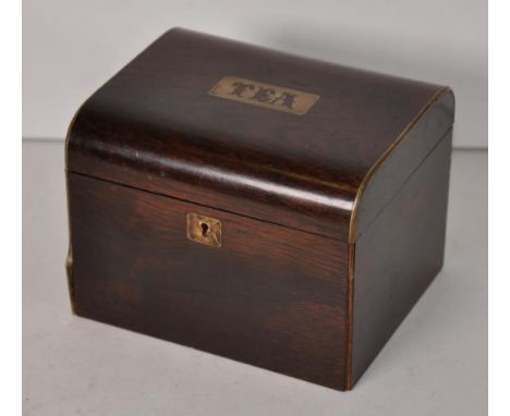 Victorian rosewood tea caddy single lidded tea box, 14cm wide, 10.5cm high approx., some stringing missing