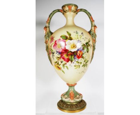 Victorian Royal Worcester hand painted vase hand painted floral decoration, dual handles with mask heads, to footed base. Mar