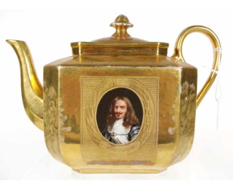 Antique continental gilded ceramic teapot gilt, on white ceramic body, with hand painted portraits of the 17th century Duke o