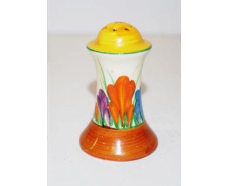 Clarice Cliff ceramic pepperette Crocus pattern, marked 'Made in England' to base. (Height 7.5cm approx).