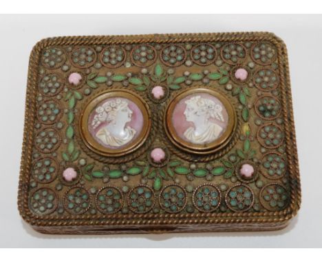 Vintage French brass cigarette case ceramic cameo decoration to lid, (length 7.5cm approx).