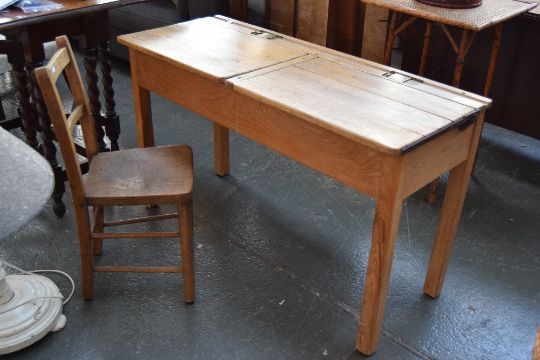 A Mid Twentieth Century Beech Double School Desk With Brass