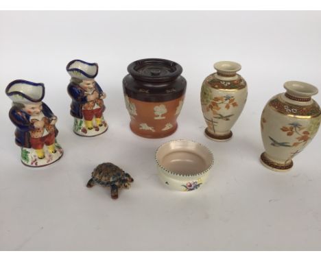 A pair of Satsuma vases of typical floral design  19cmH with two Allertons Toby jugs, a Lambeth pottery storage jar and cover