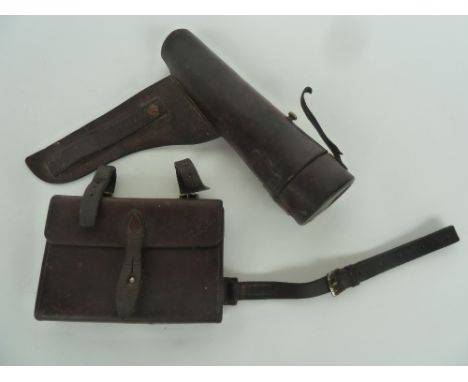 A leather saddle flask holder for saddle mounting 22.5cm high together with a leather sandwich box holder with saddle straps 