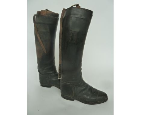 A pair of ladies black hunting boots with wooden trees and garter straps size 6 - 6 plus canvas and leather carry case.
