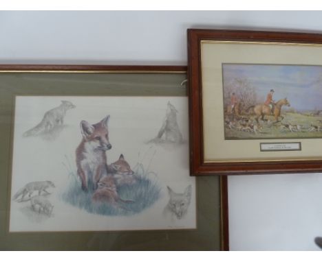 Various framed hunting prints to include a signed Neil Hemming study of vixen and cubs28.5cm x 39cm, "The Foxton Hunt", "Comi