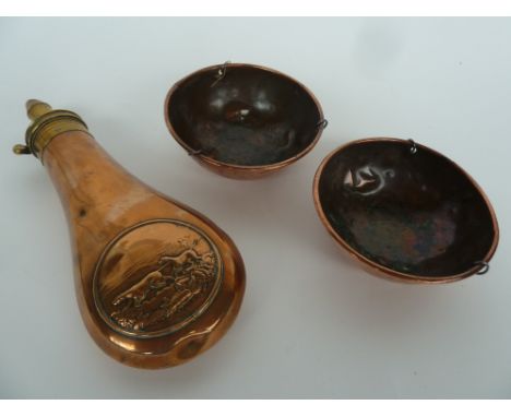 19th Century Copper Powder Flask embossed with a hunting scene depicting two pointers on a moor, brass charger stamped Dixon 