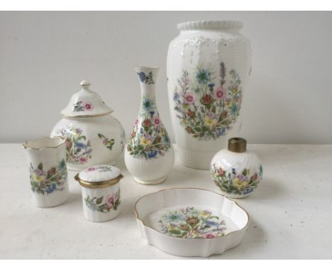 A selection of fine bone china items from Aynsley 'Wild Tudor' pattern including: three vases of different height (26, 19 and