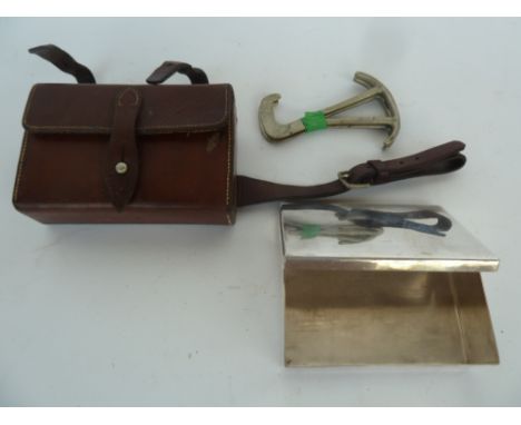 A Swaine & Brigg, London nickel silver sandwich box and lether saddle case with straps together with a pair of hunting boot p