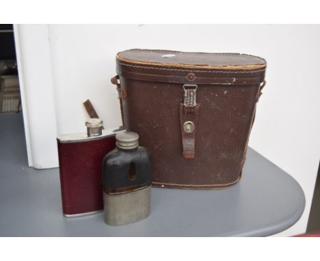 A James Dixson and Sons Sheffield hip flask and one other together with a cased pair of Panorama 15x50 field binoculars