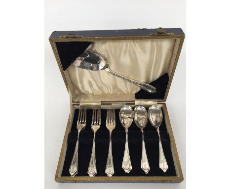 A cased set of Art Deco silver plated forks and spoons, retailed by W.Wright Ltd Jewellers