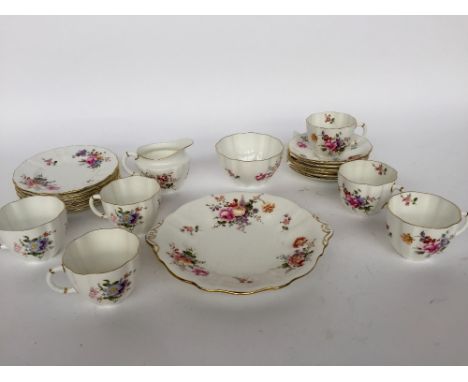 A Royal Crown Derby " Derby Posies" part tea service including cups, saucers, side plates, milk jug, sugar bowl, sandwitch pl