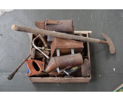 A box of assorted tools including two early 20th century plane, two beekeeper smokers 